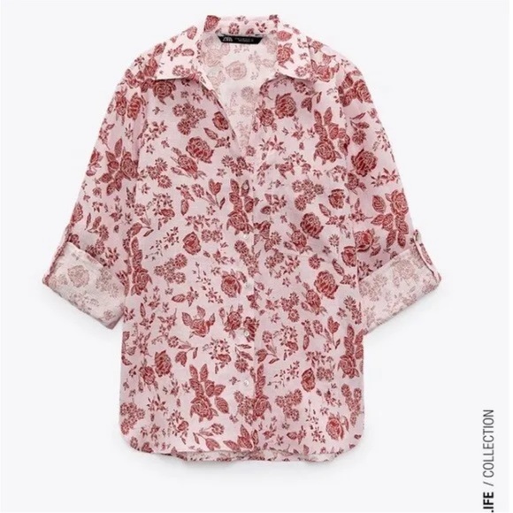 Zara Button Down Long Sleeve Floral Linen Size Small - Picture 2 of 9